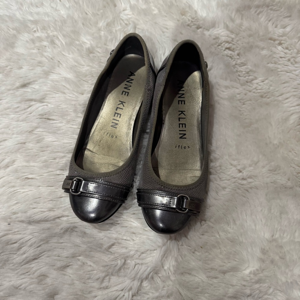 Anne Klein Metallic Gray Flats with Buckle Detail